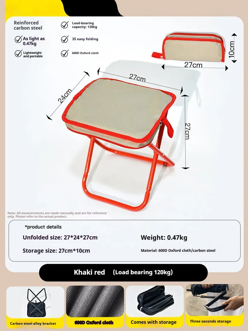 Lightweight foldable outdoor camp chair stool in oxford cloth, shown in khaki colour, folded and unfolded.