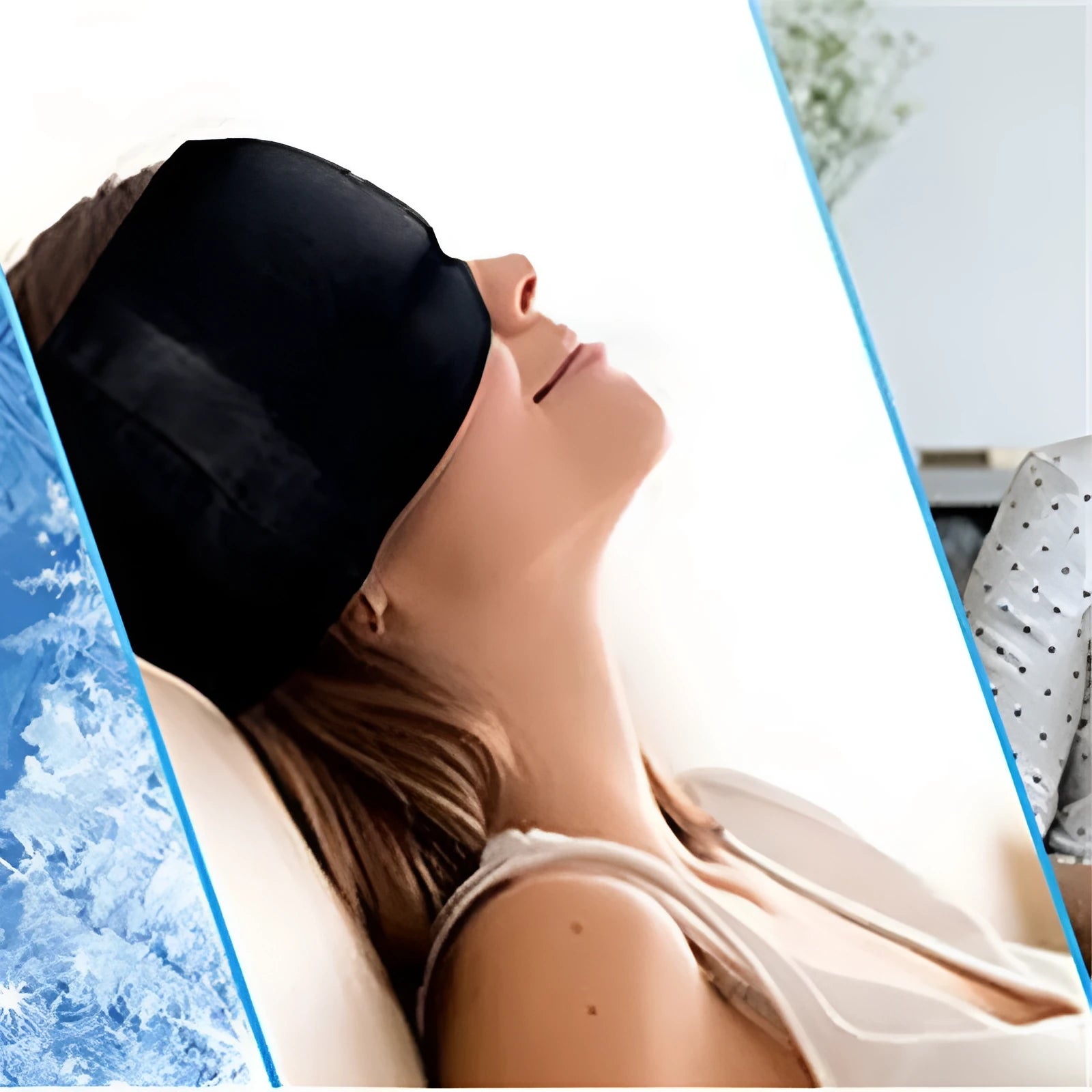 Black elastic ice gel headache relief eye mask shown on a mannequin head, adjustable for 42-66cm circumference.
