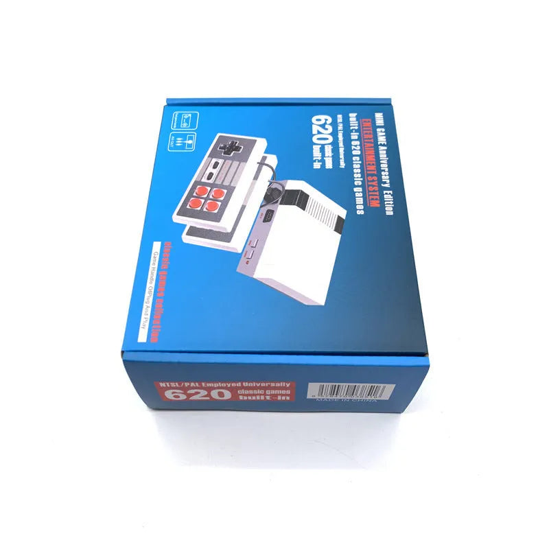 Compact black NES mini game console with two rectangular controllers on a table