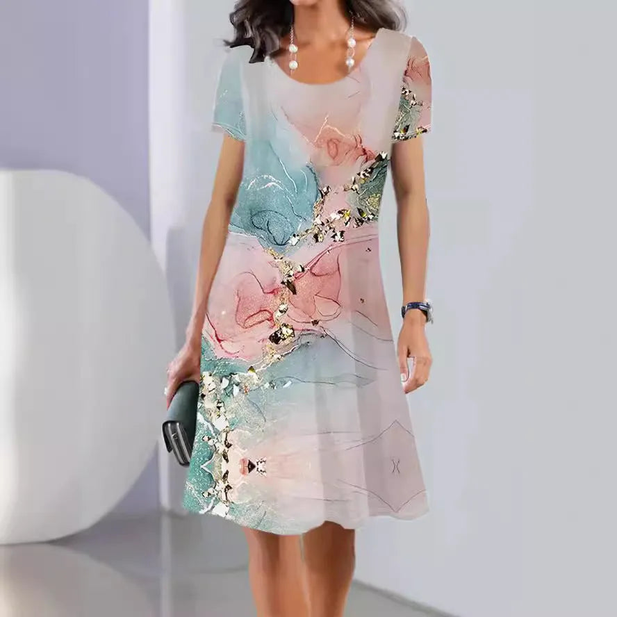 Women's floral print mid-length dress in ice silk fabric with short sleeves and round neck