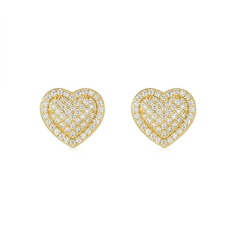 S925 sterling silver heart-shaped stud earrings with moissanite stones in gold plating