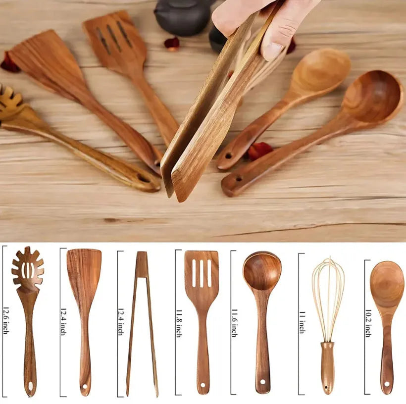 7-piece wooden cooking utensil set with spoons and shovels for non-stick pans
