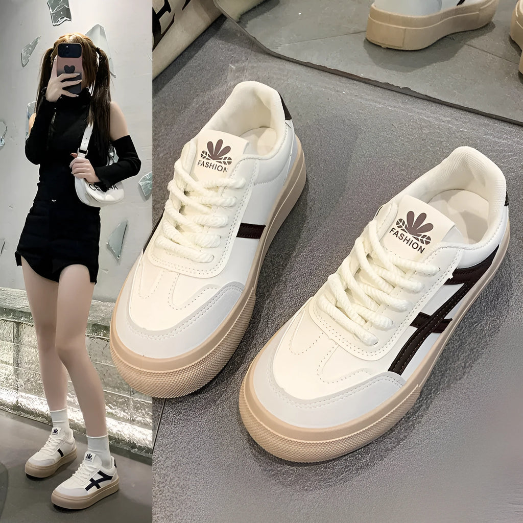Brown and blue low-top lace-up casual shoes with a patent leather finish and round toe.