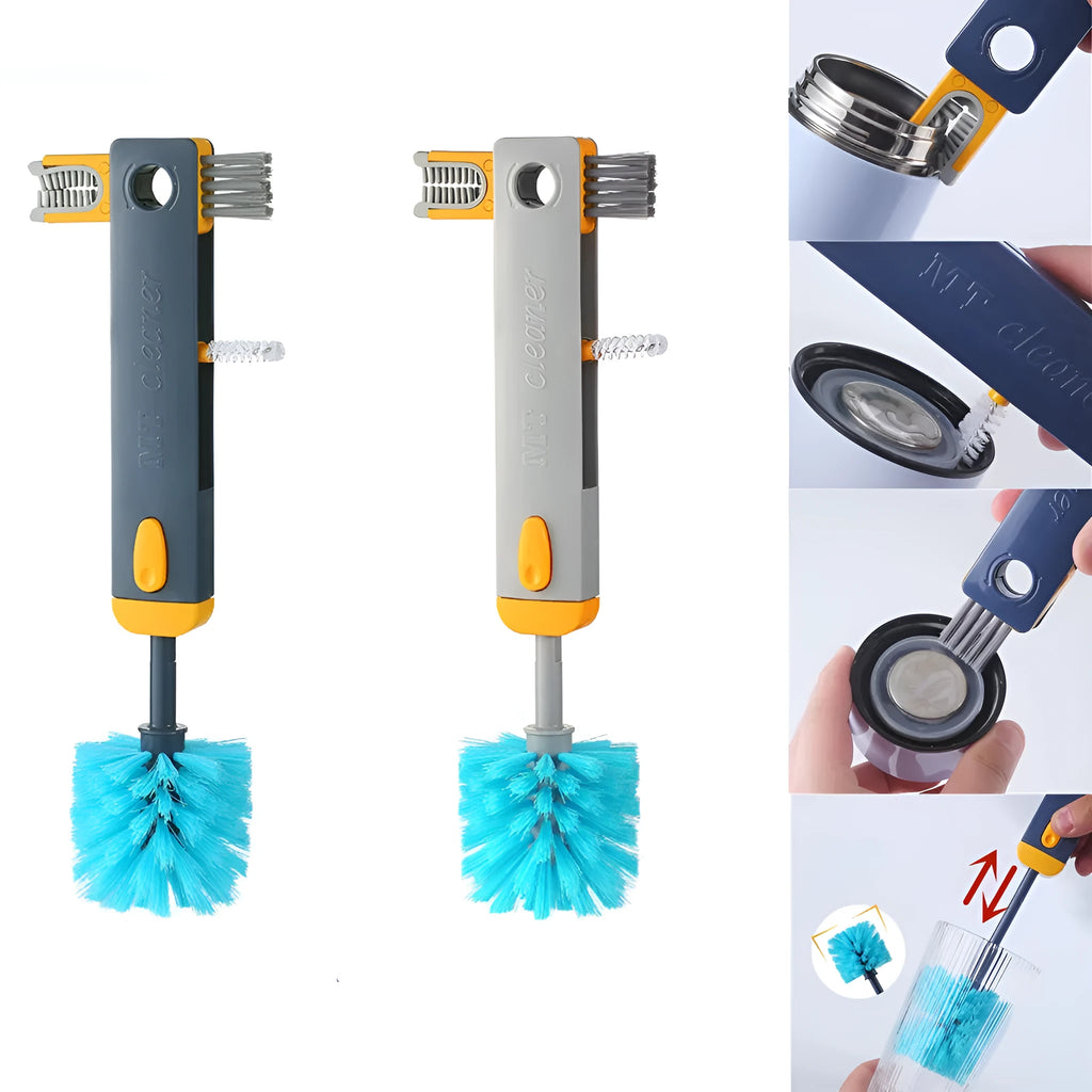 4-in-1 bottle gap cleaner brush set with blue silicone U-shaped brush and stranded wire brush for cup cleaning