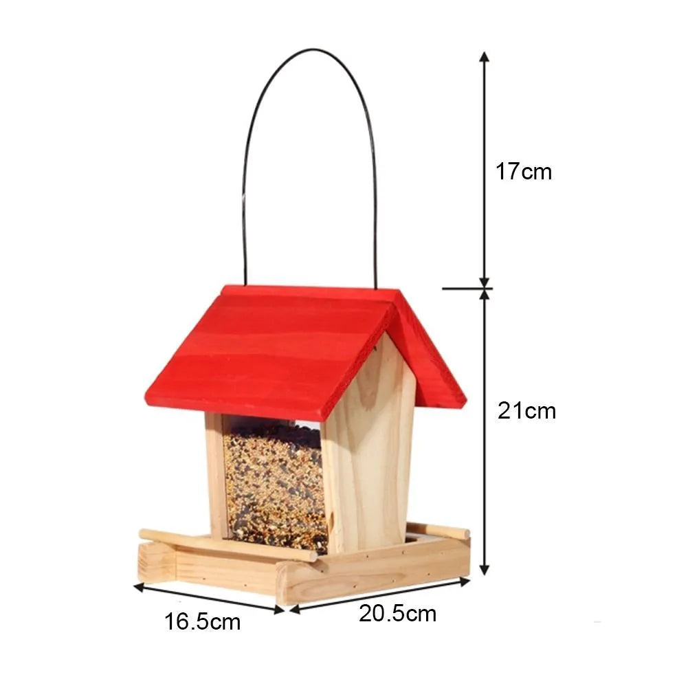 Suspended rain-proof field dispenser feeder with red roof and log-textured pine body