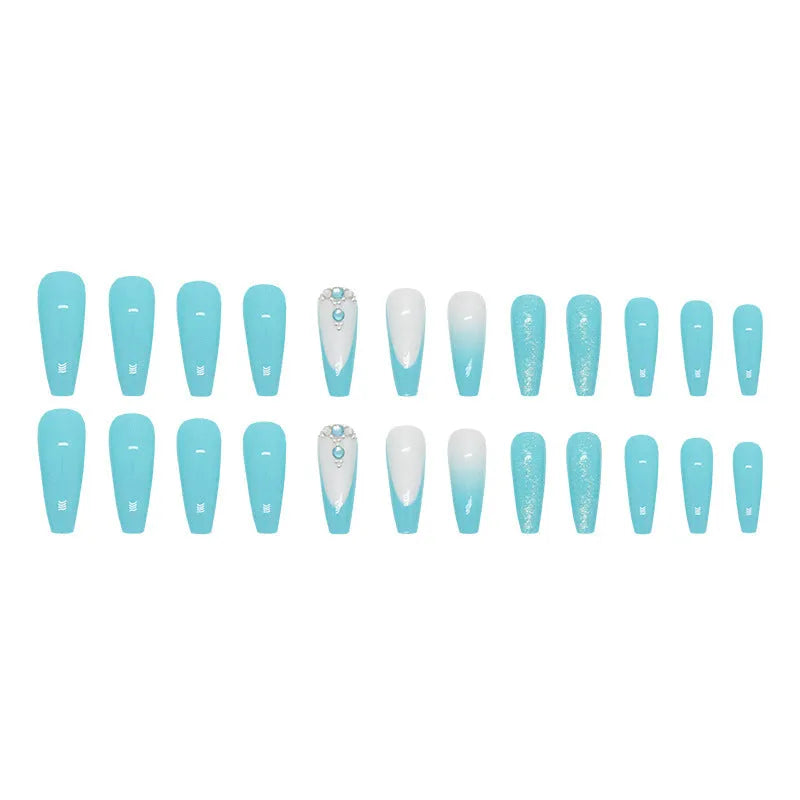 Smart blue diamond coloured press-on artificial nails in a ballet length style.