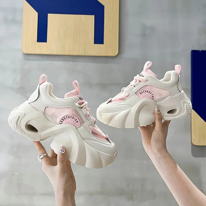 Women's casual thick bottom sneakers with cross strap detail and mid-heel in pink black or beige artificial PU