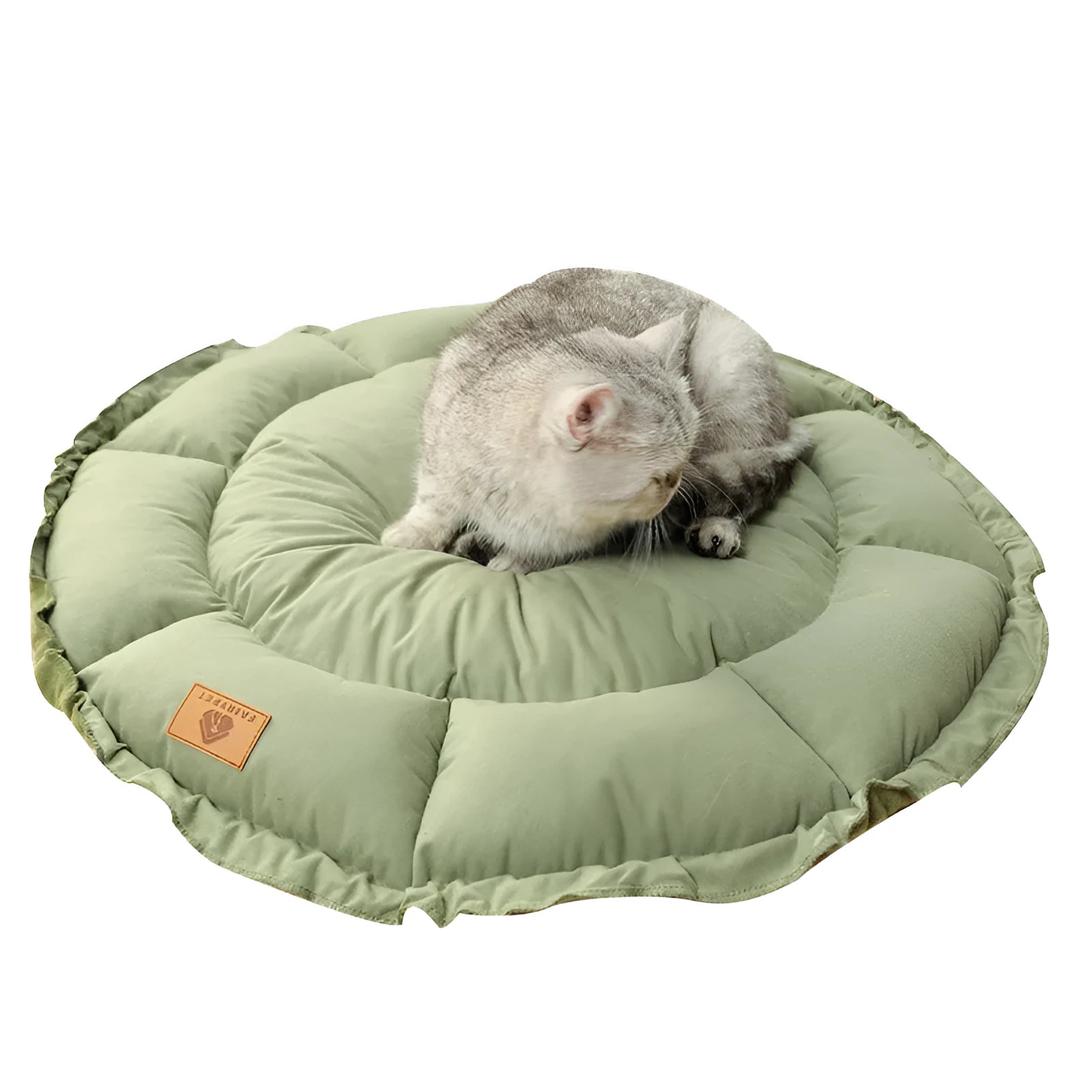 Grey and green reversible donut cat bed for indoor pets in small, medium, large sizes.