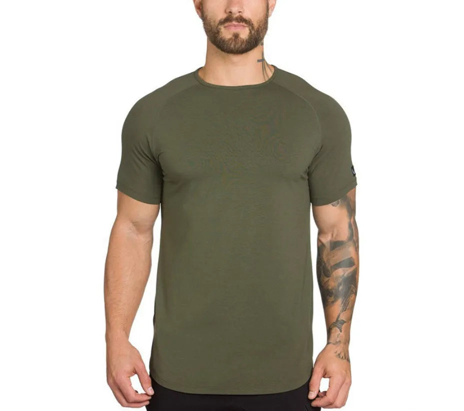 Men's plain custom gym shirt in cotton spandex blend, shown in Army Green, Black, and White colour options.