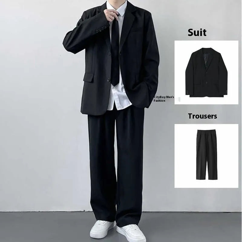Men's plus size loose fit polyester suit jacket set with white shirt and tie for spring autumn formal wear