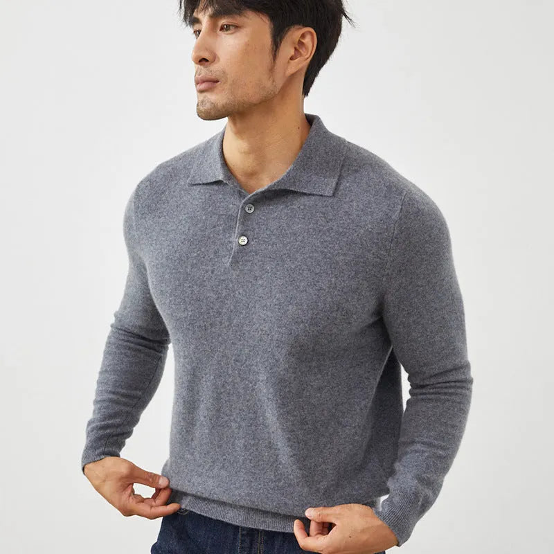 Men's cashmere polo collar pullover sweater in loose fit with short sleeves