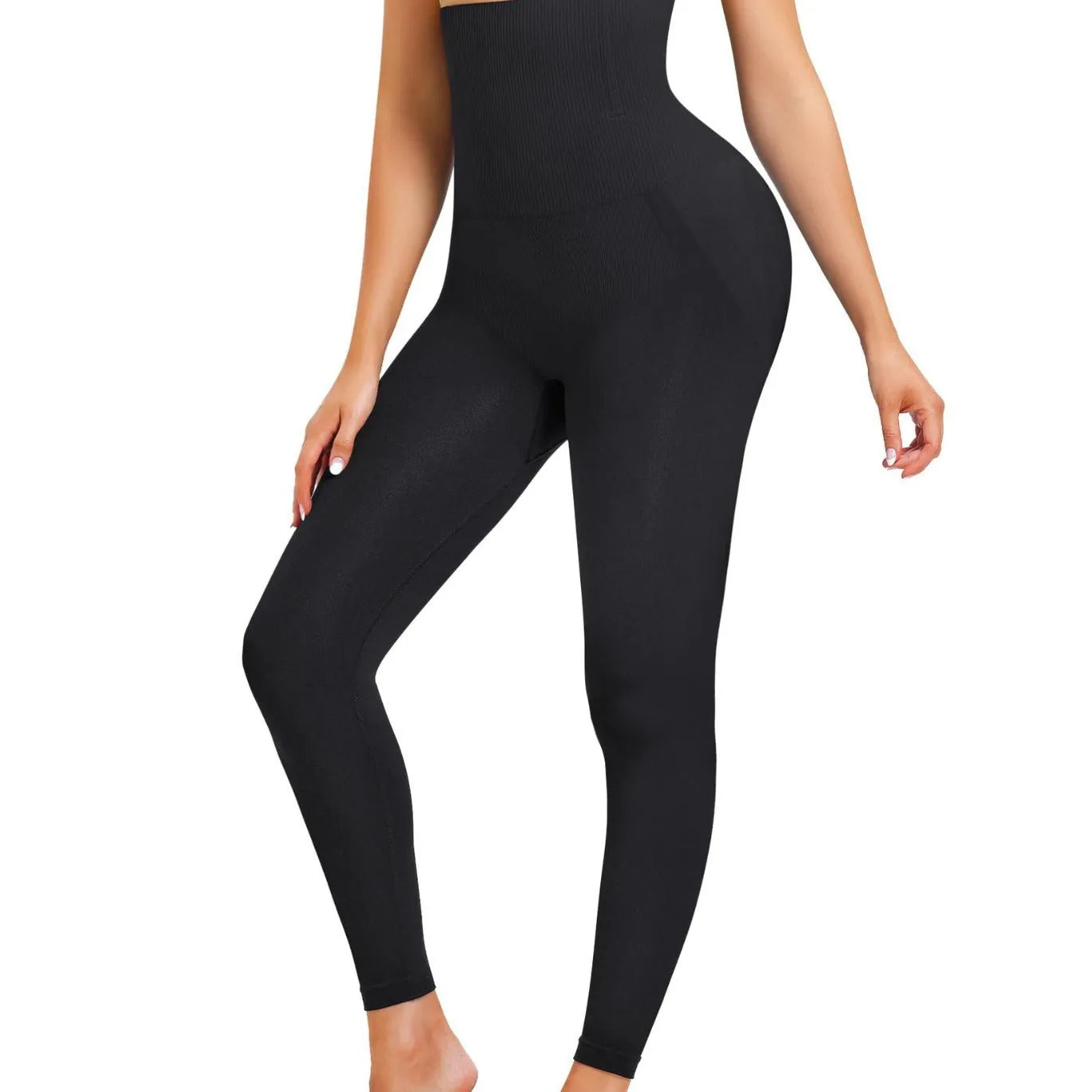 High waist cropped nylon tights in black, high elasticity waistband for slimming and belly control