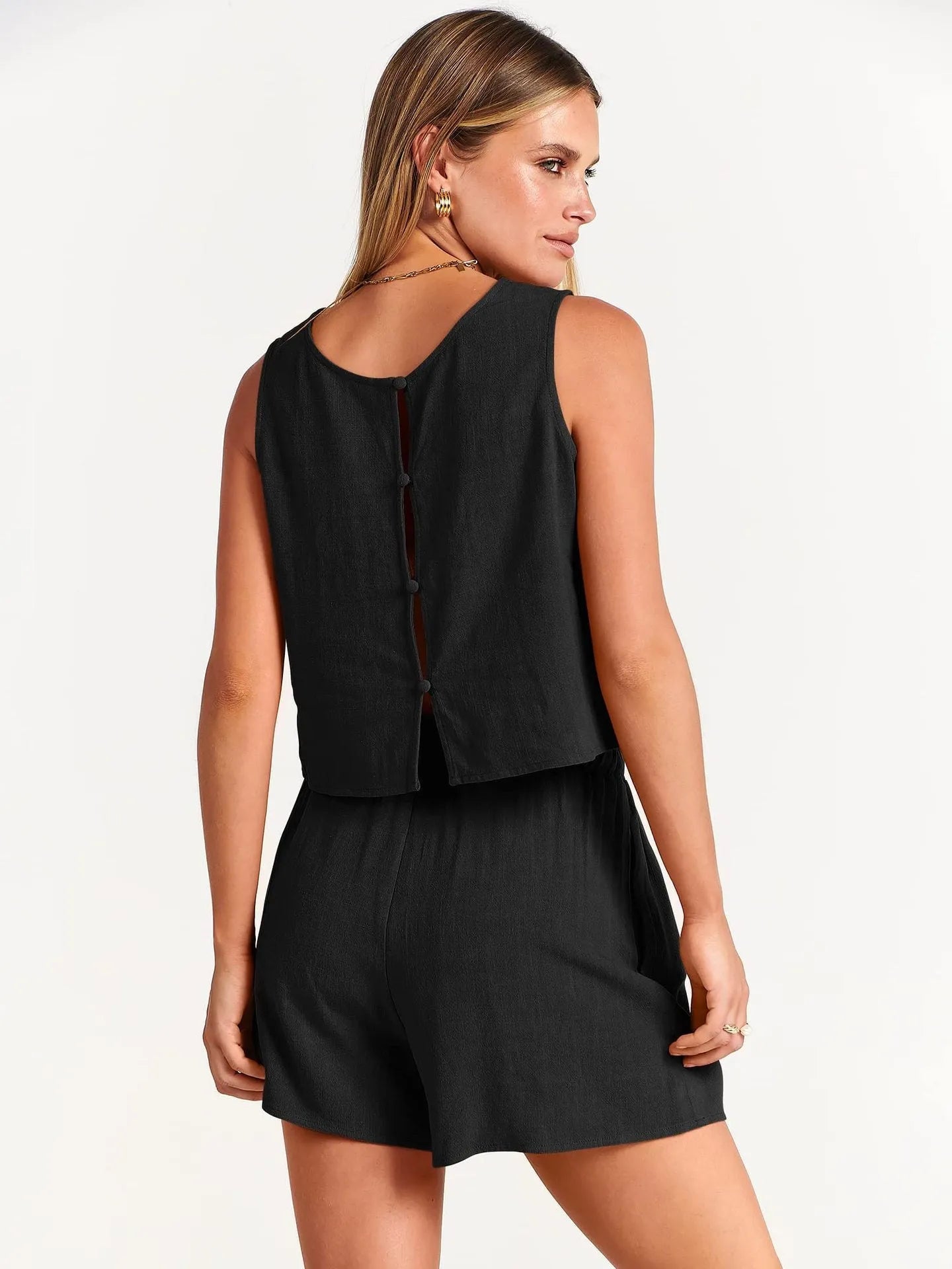 Women's summer two-piece set showing sleeveless rayon linen top with matching drawstring shorts