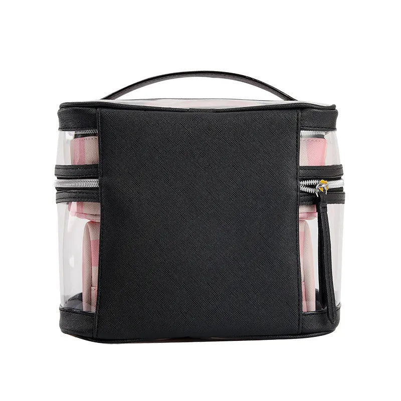 Pink bold stripes floral pattern folding makeup bag with waterproof synthetic leather construction
