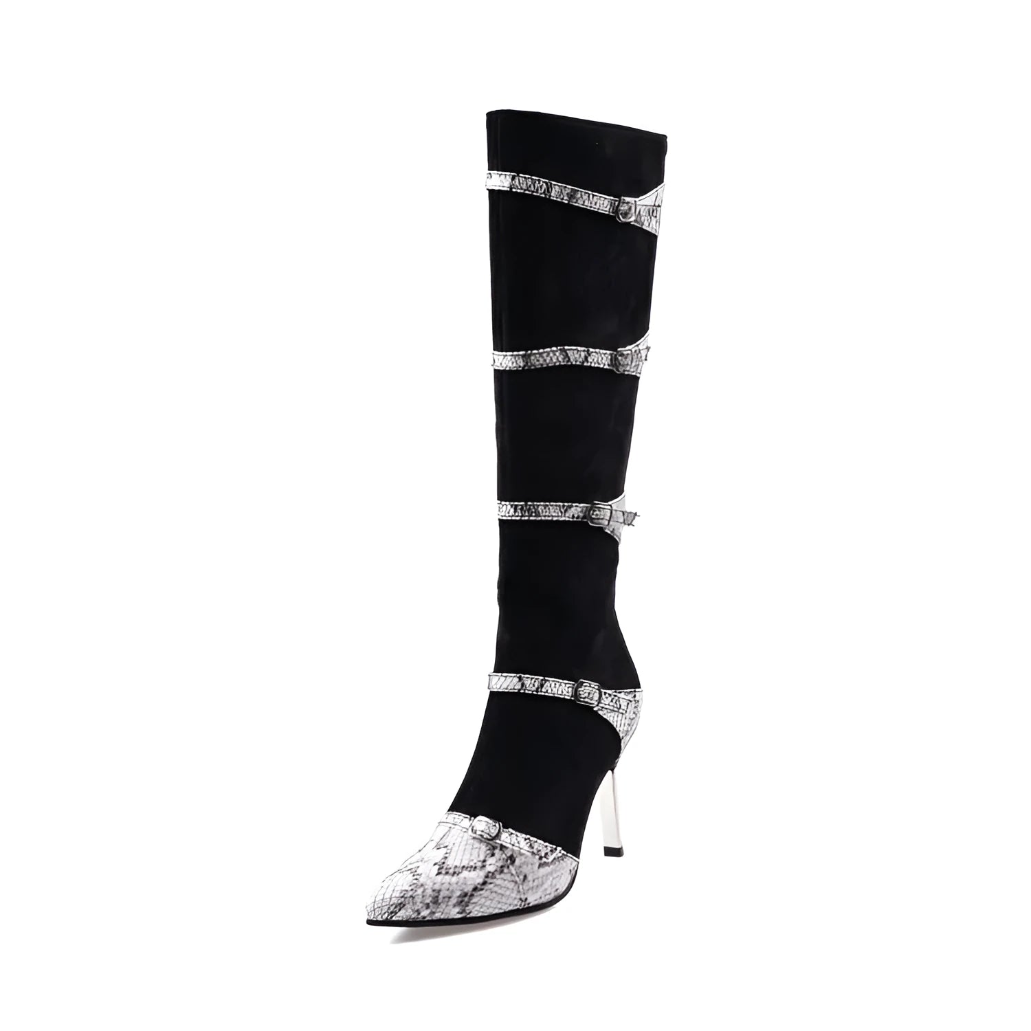 Women's black knee-high boots with thin 9cm heels and 33cm shaft height
