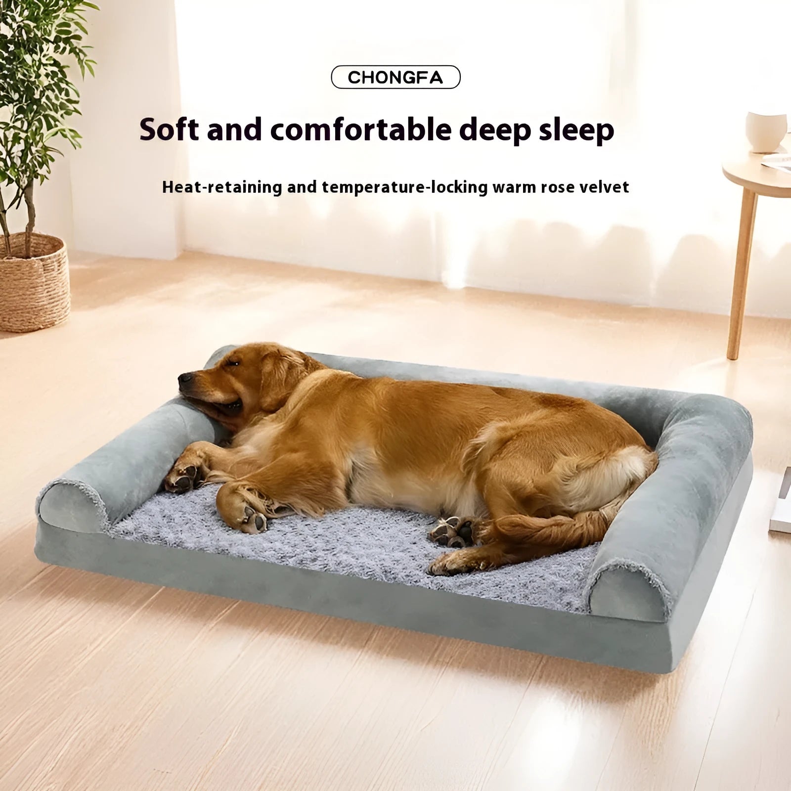 Grey fabric-covered indoor kennel for medium to large dogs showing three size options