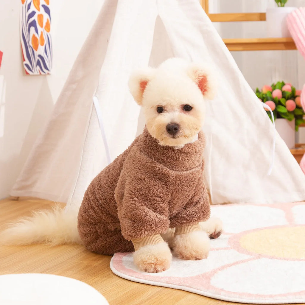 Four-legged thick plush dog clothing with high collar in blue colour showing full coverage design