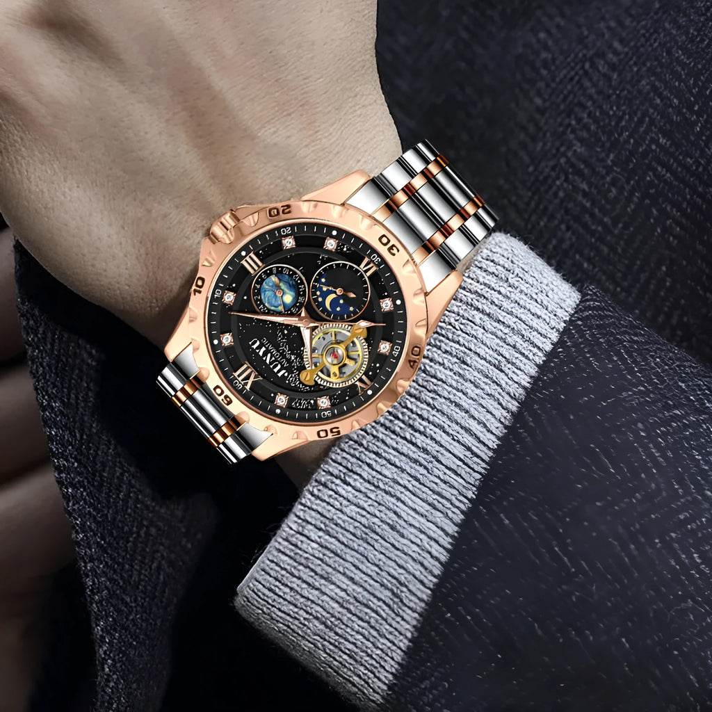 Men's waterproof mechanical watch with luminous hands in rose gold case with black starry sky face
