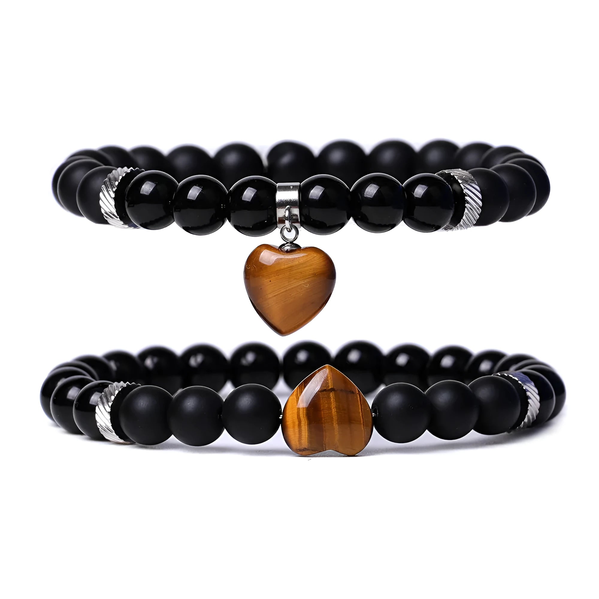 Natural stone couple bracelet set showing two heart-shaped stone pendants on bracelets with geometry design elements