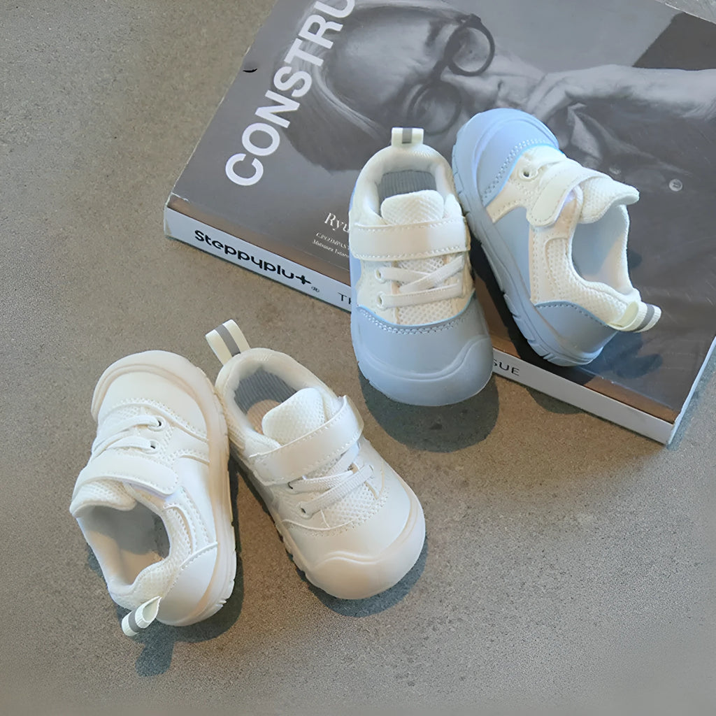 Blue toddler walking shoes with soft anti-skid sole and artificial PU upper