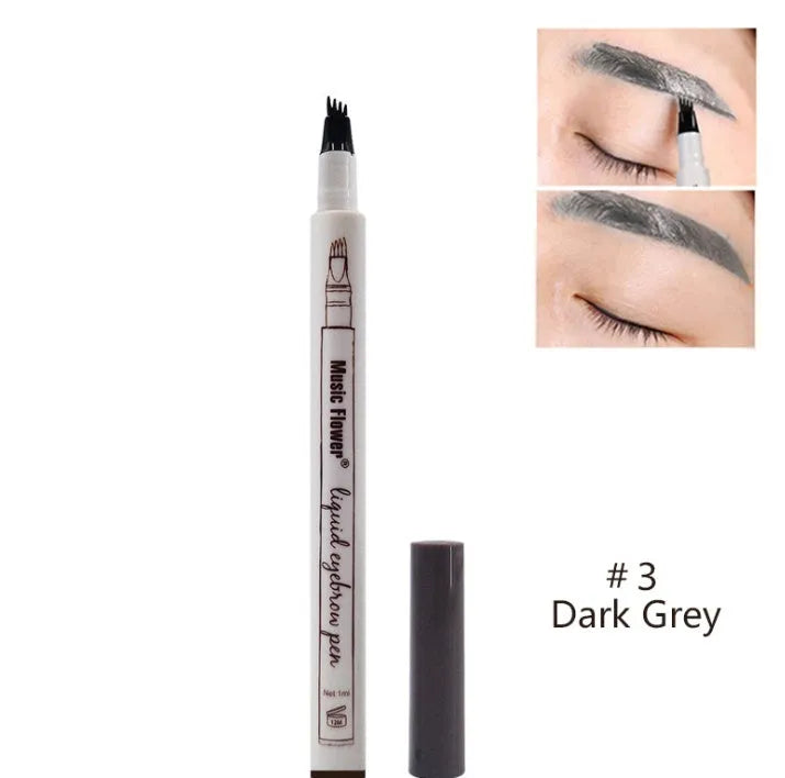 Music Flower waterproof natural eyebrow pen with four-claw fork tip, available in Chestnut, Brown, and Dark Grey