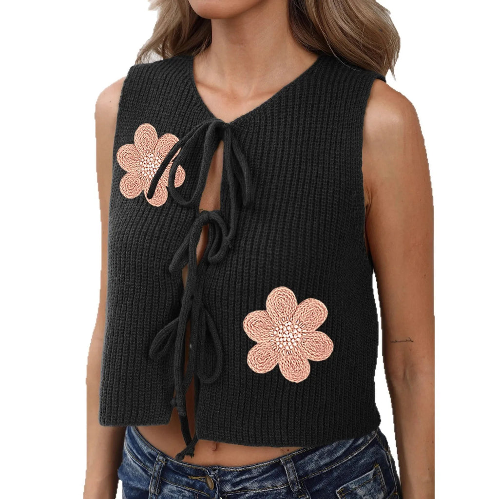 Ladies' sleeveless vest cardigan with lace-up front closure and deer plush polyester fabric in floral pattern