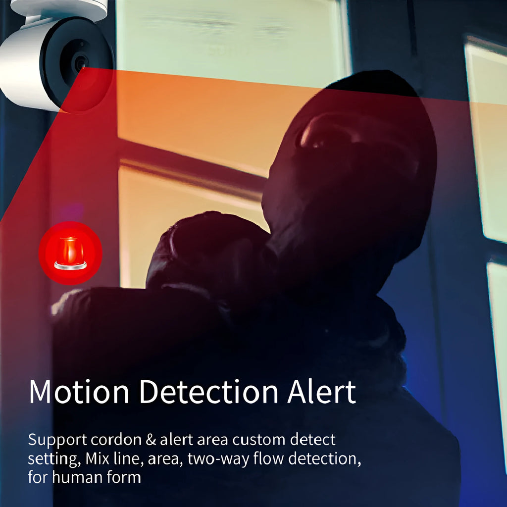 Indoor WiFi security camera with pan-tilt function showing 1080p HD and motion tracking features