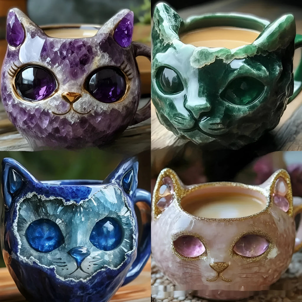 Purple geode texture resin mug with cat-shaped cup on wooden table.