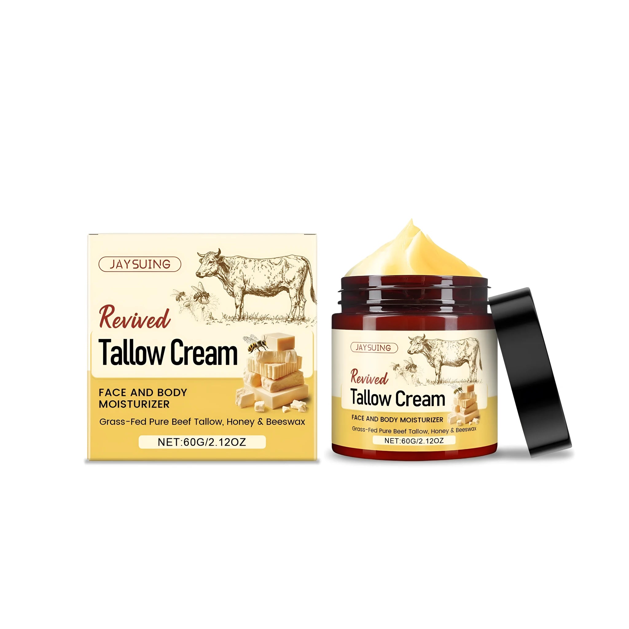 60g jar of tallow moisturising cream with honey and beeswax ingredients