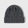 Wool knitted dome crown hat in khaki colour with totem design detail.