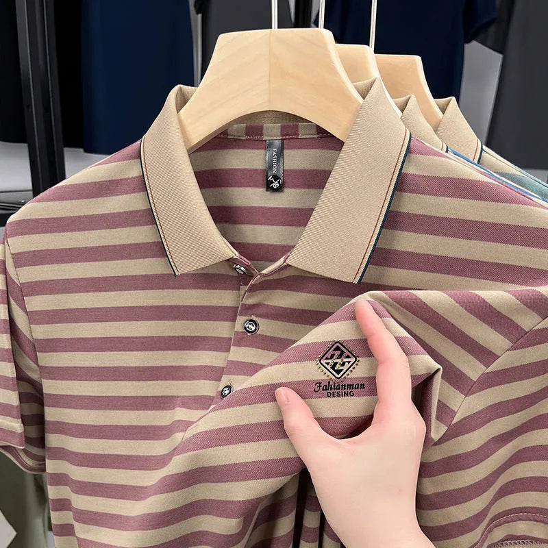 Man wearing a red striped short sleeve casual shirt with a mosaic pattern detail