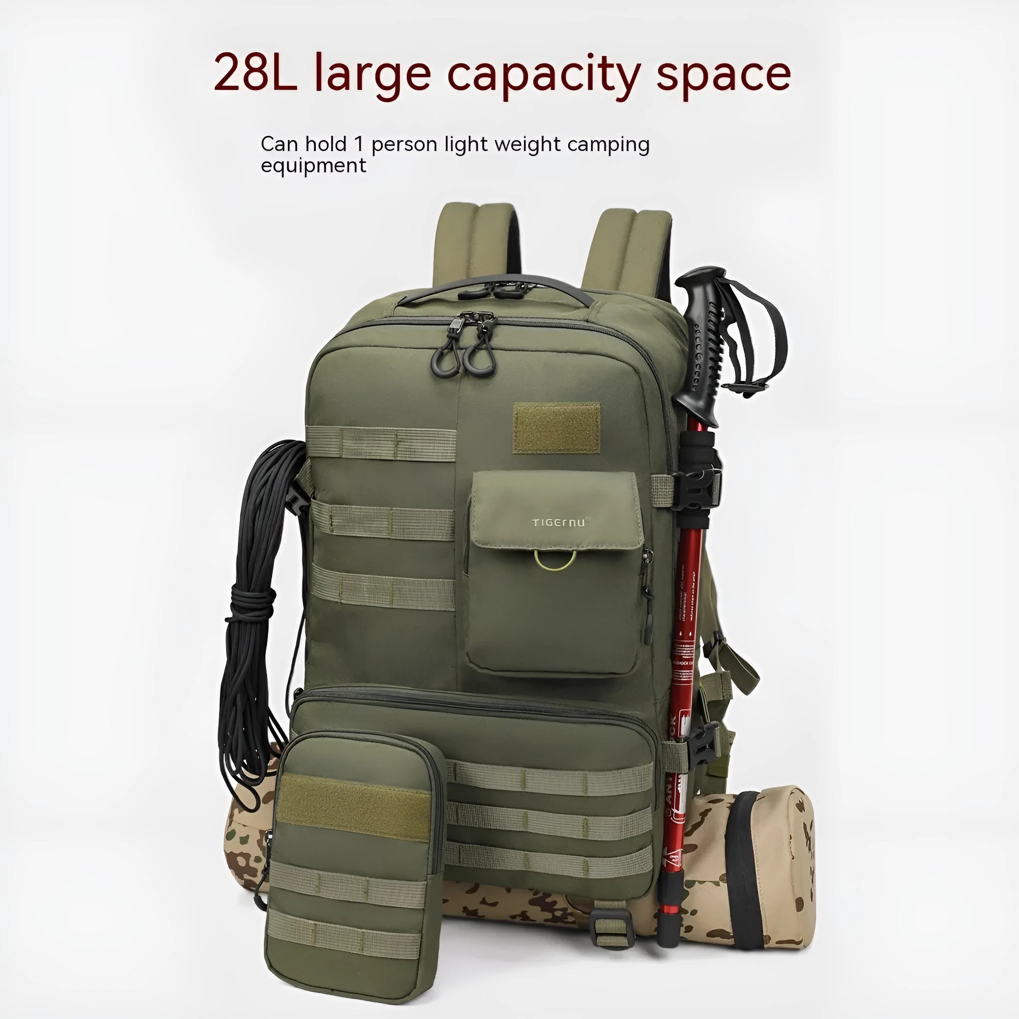 Army green tactical backpack with 17-inch size and breathable back panel