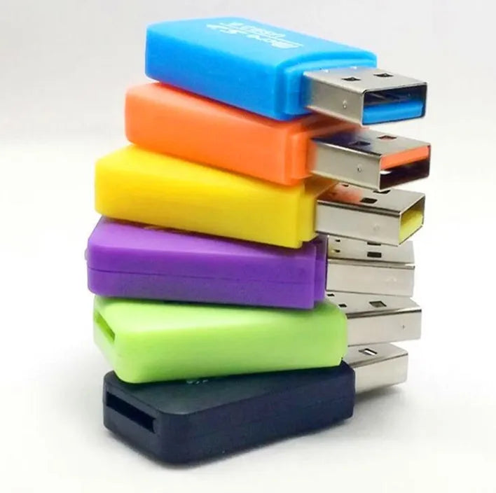 Compact silver Mini USB TF Card Reader with a plugged-in microSD card next to an SD card adapter.