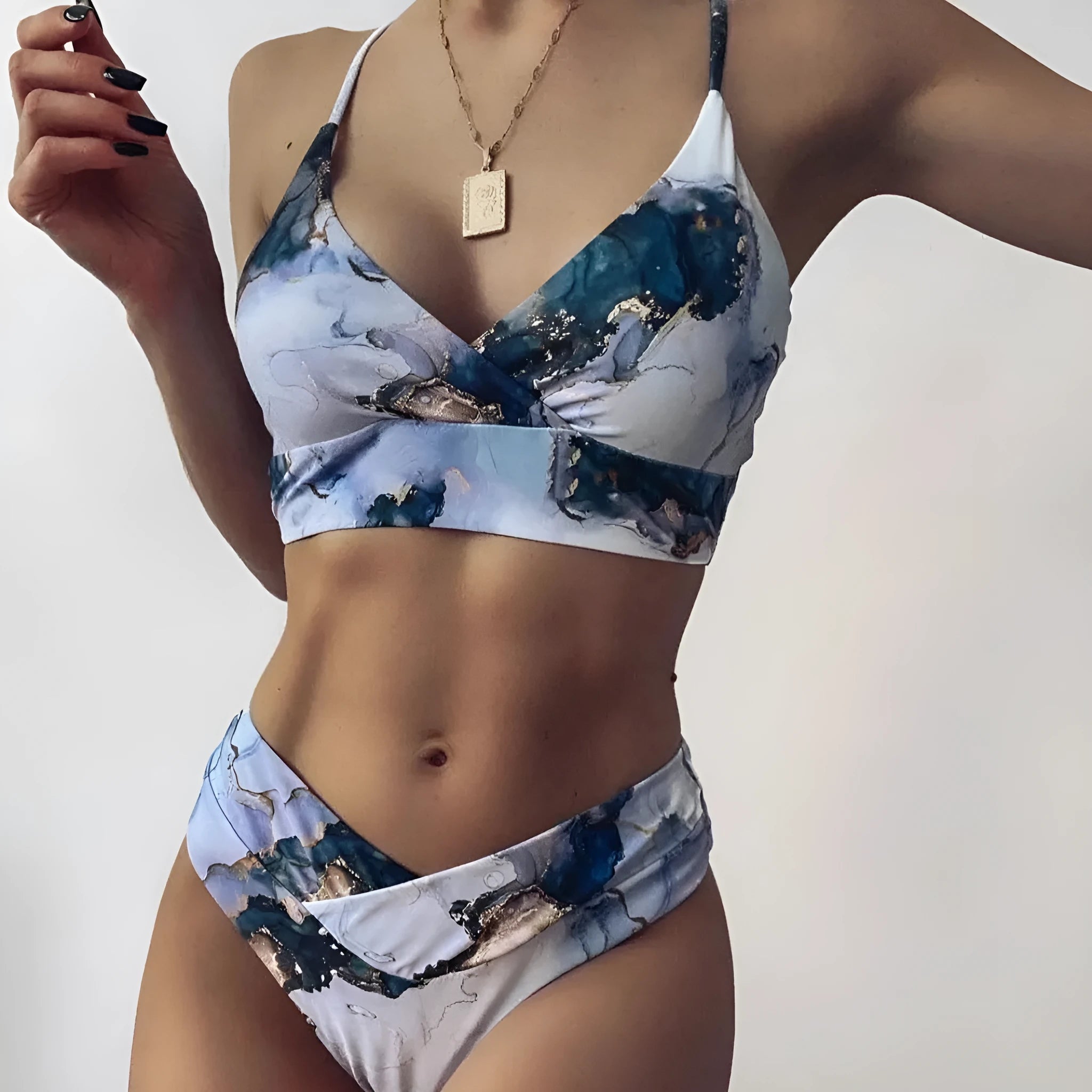 Women's marble tie-dye high waist bikini set with U-neck top for swimming