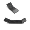 Black tri-fold Bluetooth keyboard shown open next to folded size comparison