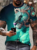 Men's black t-shirt with a large, detailed 3D printed graphic of a fierce lion's face on the front.