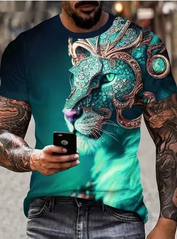 Men's black t-shirt with a large, detailed 3D printed graphic of a fierce lion's face on the front.
