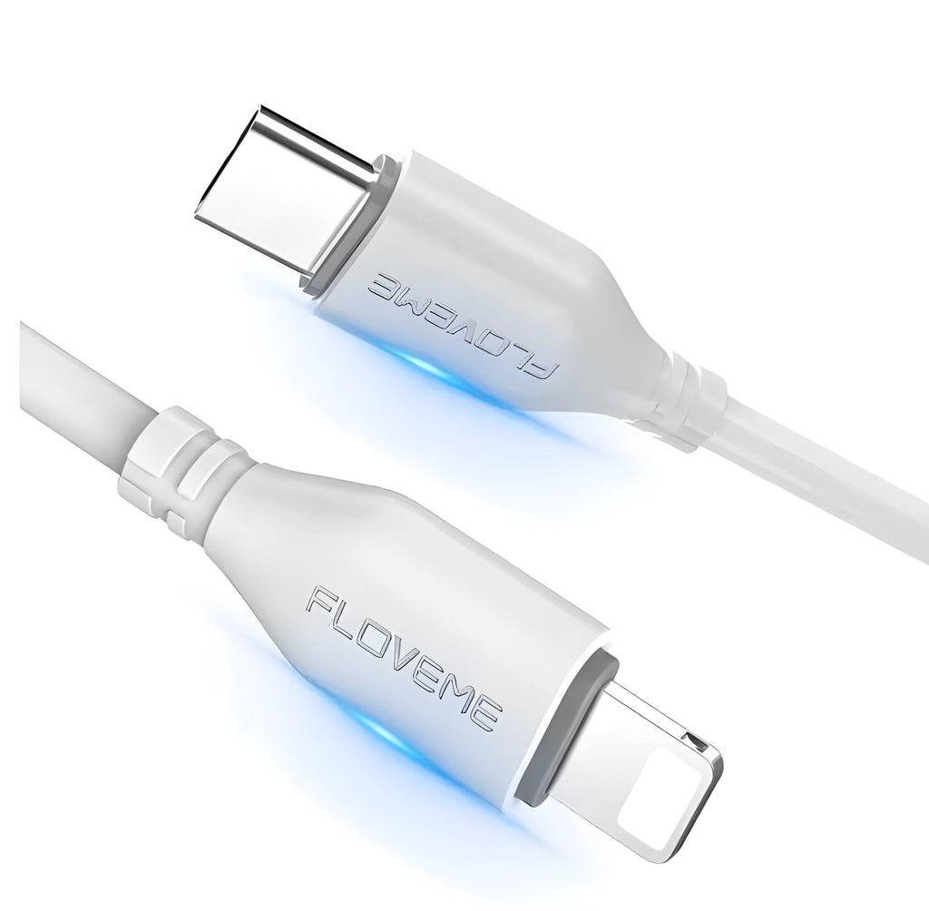 White braided USB-C to Lightning charging cable 105cm length with aluminium connectors