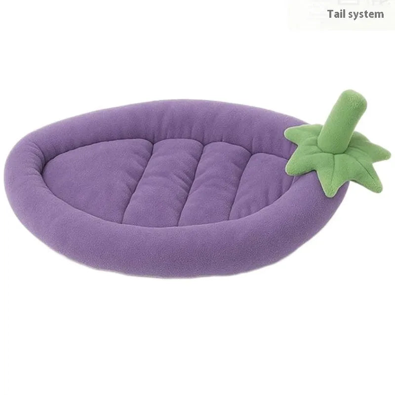 Removable washable dog bed mat in purple, orange, brown, and grey colours on a white background.