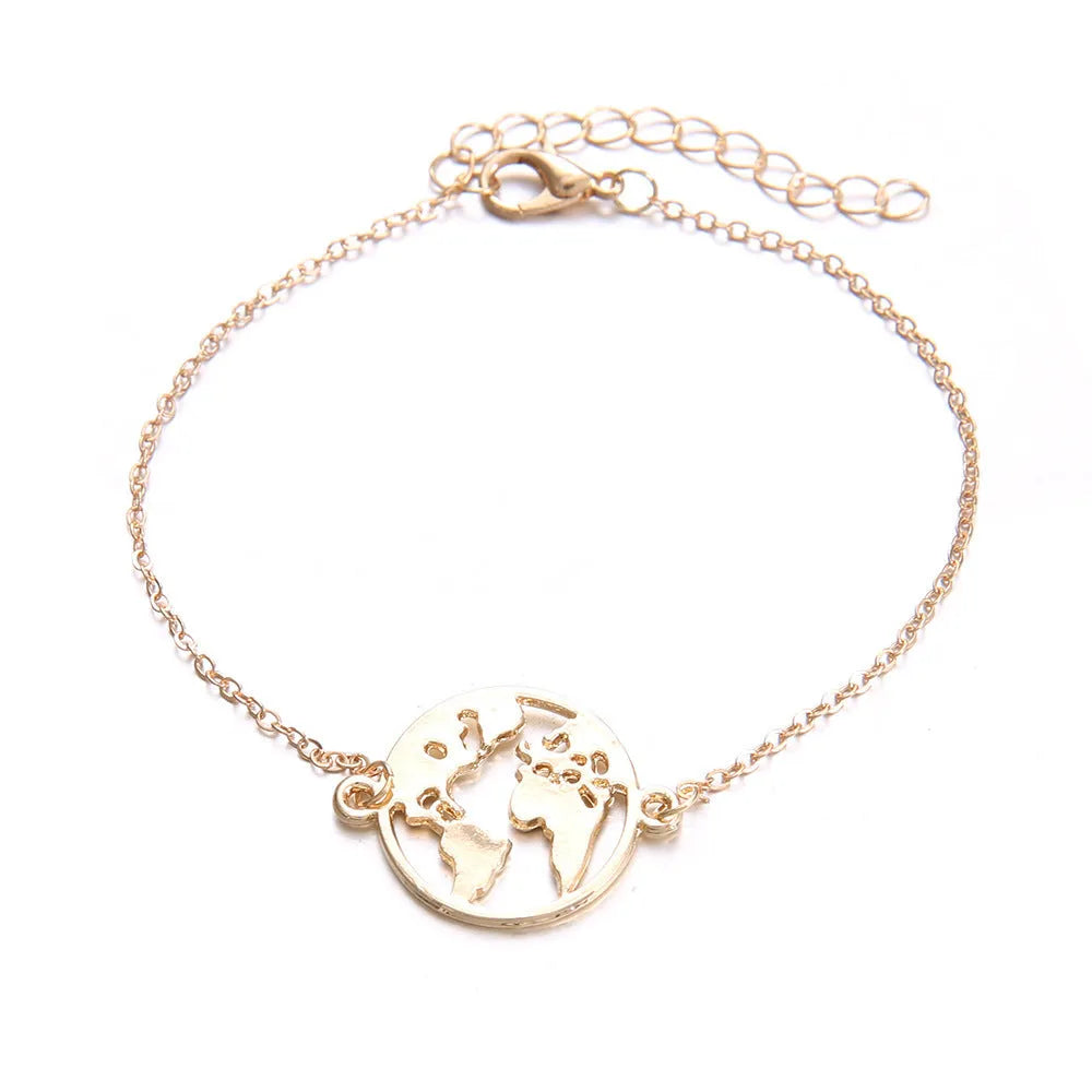 Three matching women's charm bracelets with heart-shaped aviation map designs in electroplated alloy