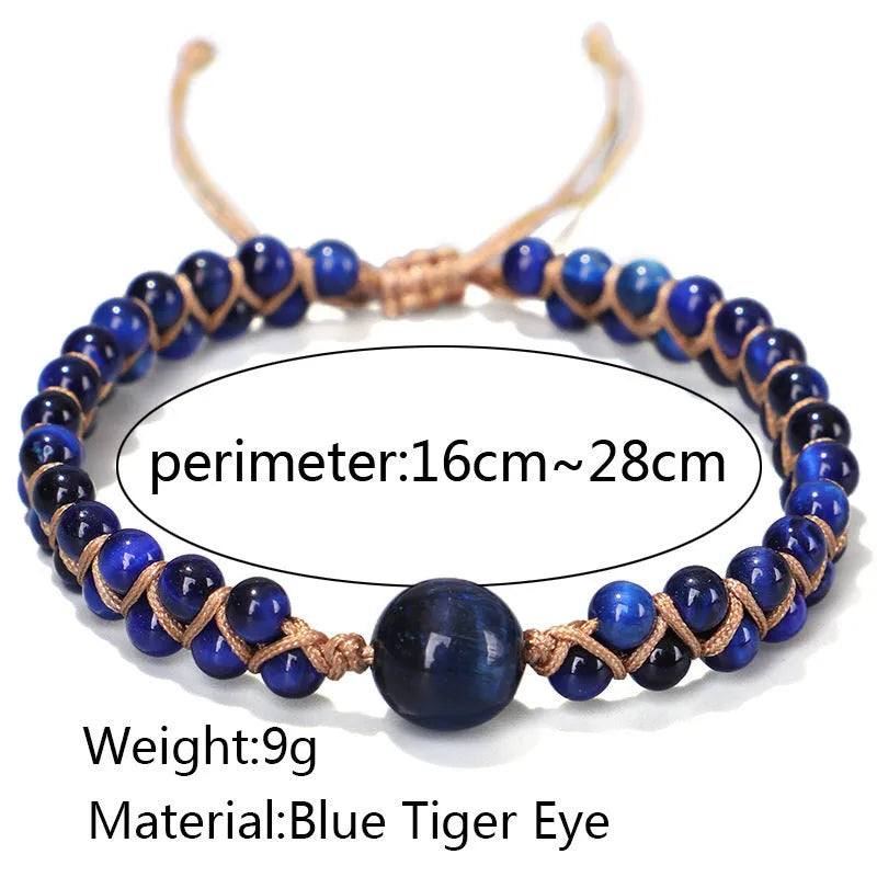 Handmade woven pull bracelet with geometric tigereye beads in blue or amethyst colour