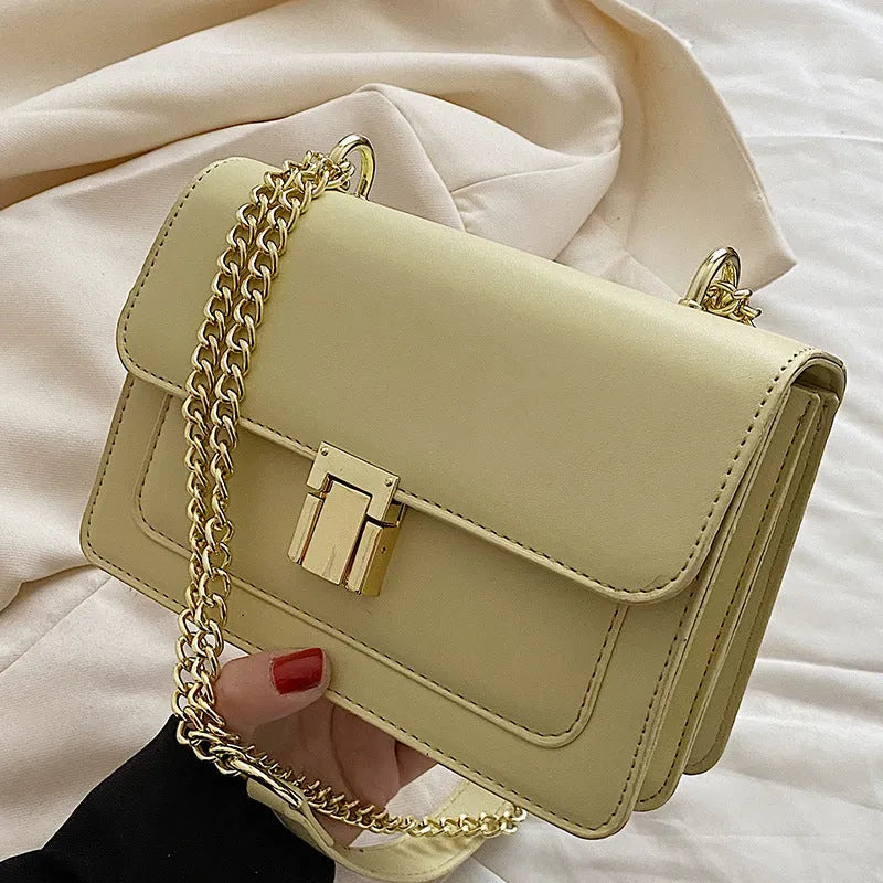 New fashion all-match summer chain messenger bag PU solid colour cross square shoulder bag with lock chain handle available in black green white yellow