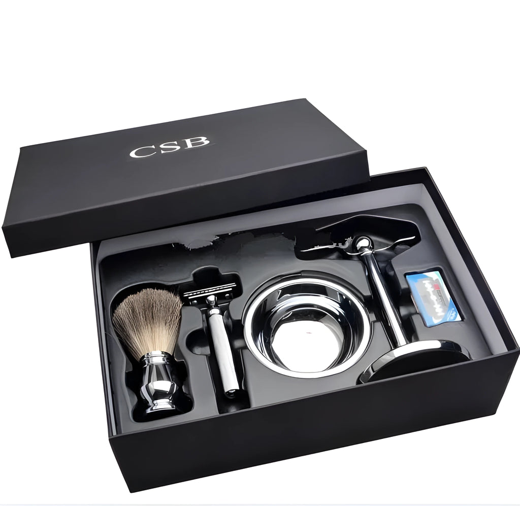 CSB men's shaving kit showing double edge razor, badger hair brush, chrome stand, zinc bowl, blades in black box.