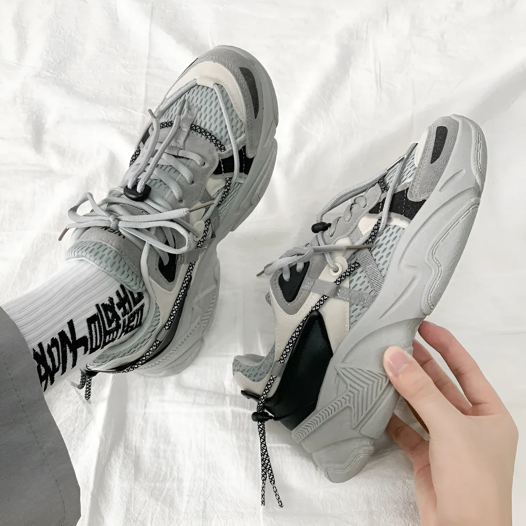 Men's Korean style platform dad shoes in white, black, or grey with mesh lining and lace-up front