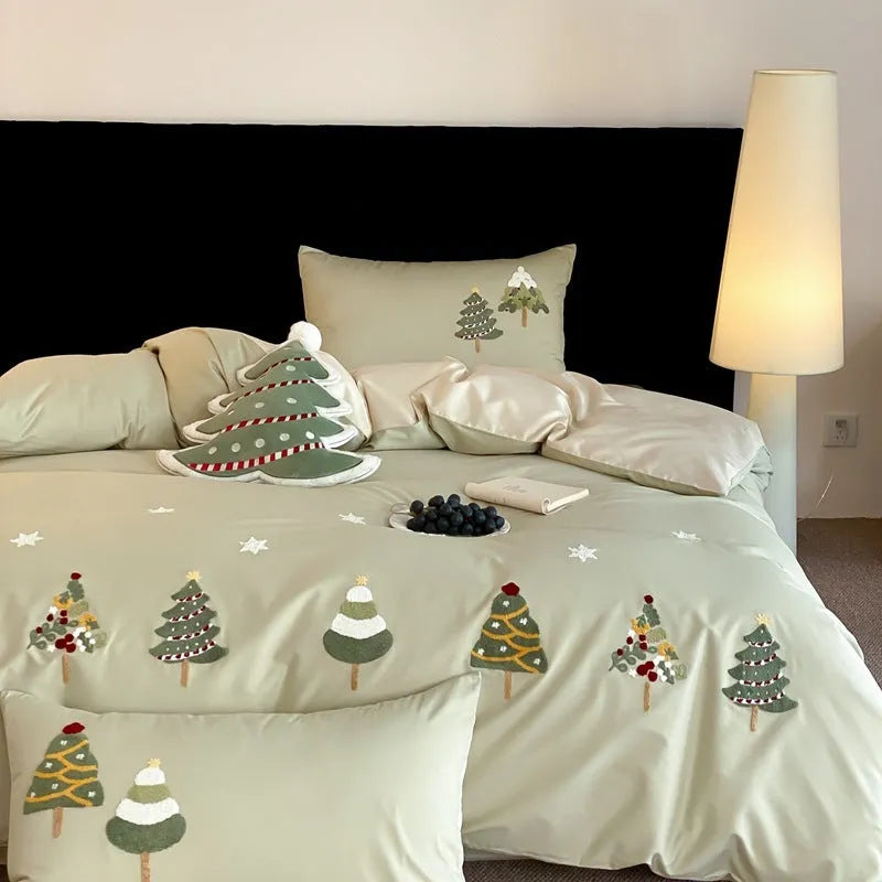 Christmas tree embroidered cotton bedding set with duvet cover, sheet and pillowcases