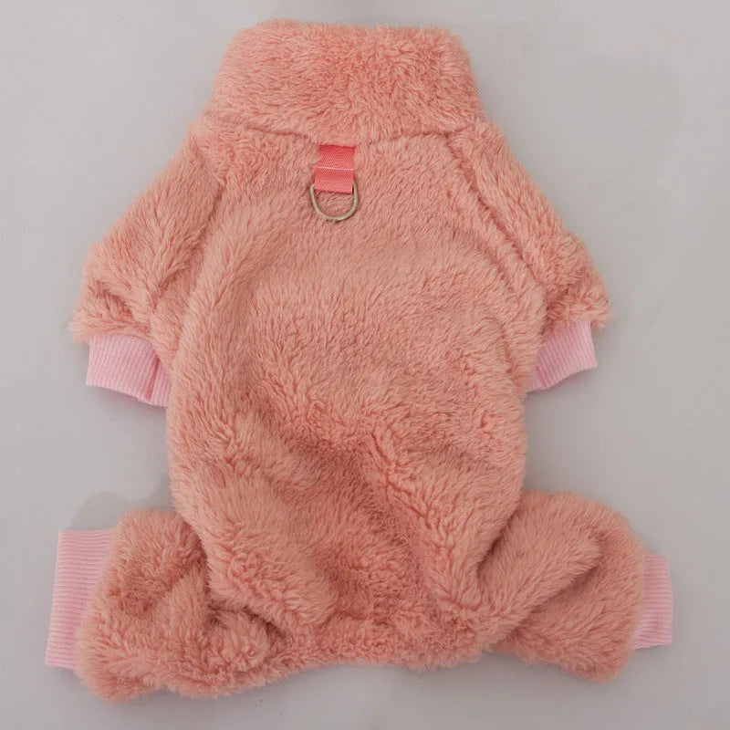 Four-legged thick plush dog clothing with high collar in blue colour showing full coverage design