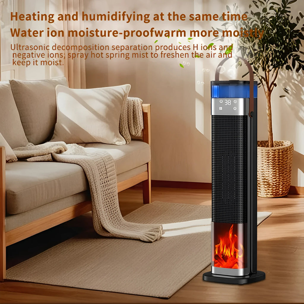 Intelligent vertical heater with humidification and voice control, measuring 16x16x52.6cm