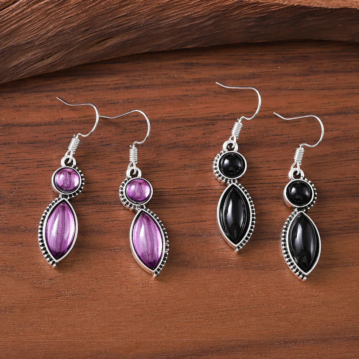 Vintage geometric pendant earrings with black and purple colours and Bohemian design