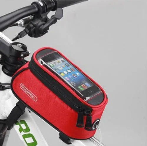 ROSWHEEL black PVC bicycle frame bag mounted on bike, holding a mobile phone.