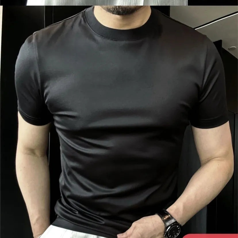 Ice silk soft breathable round neck short sleeve T-shirt in black front view on model
